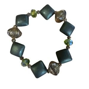 Boho Matte Teal Square Bead & Lime Green Glass Stretch Bracelet Silver Tone